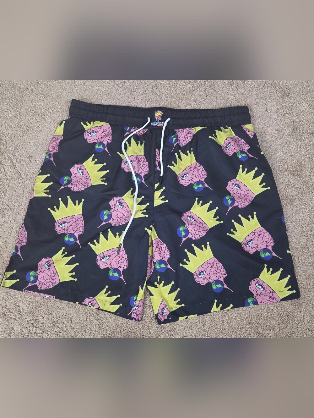 Men's Black Swim Shorts with Pink Brain & Yellow Crown Print